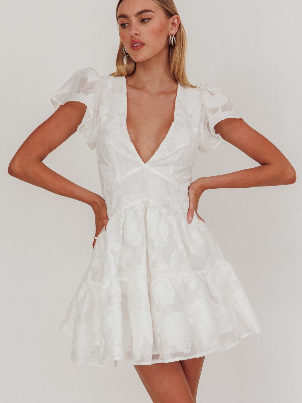Ruffle Sleeve V-Neck Mini Dress Textured White